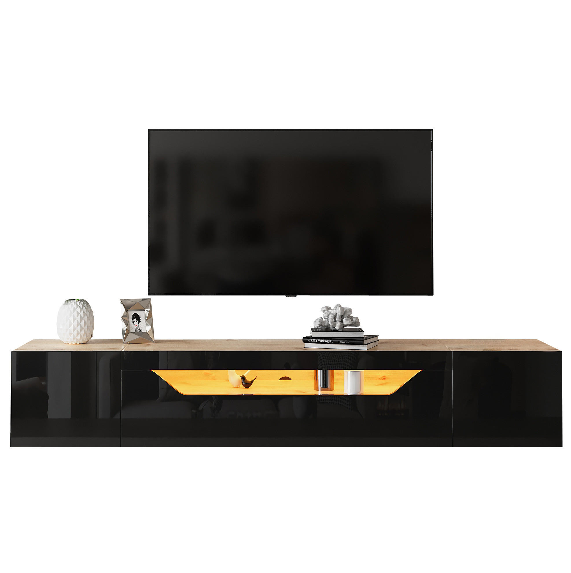 ZÁVĚSNÝ TV stolek 180/37/36 cm s LED osvětlením, vysokým leskem a víceúrovňovým úložištěm, Černá + přírodní dřevo - černá, kompozitní dřevo (180/36/37cm) - Redom