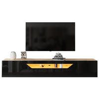 ZÁVĚSNÝ TV stolek 180/37/36 cm s LED osvětlením, vysokým leskem a víceúrovňovým úložištěm, Černá + přírodní dřevo - černá, kompozitní dřevo (180/36/37cm) - Redom