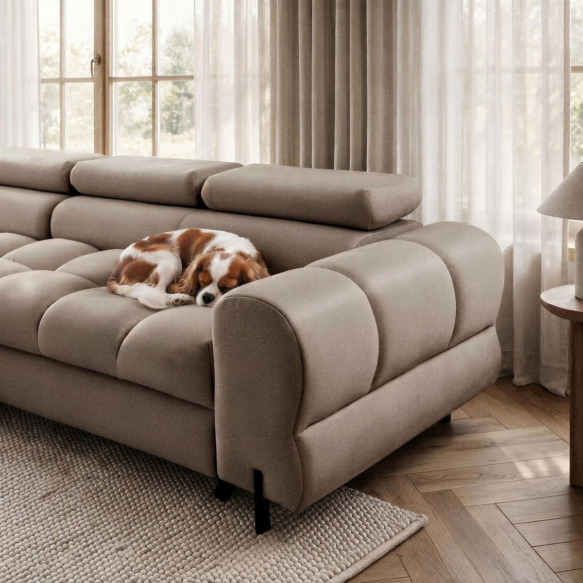 ECKSOFA UFFO L Links mit Schlaffunktion 260x195 Velours Beige - Beige/Schwarz, Holz/Textil (260/195cm) - Muffo