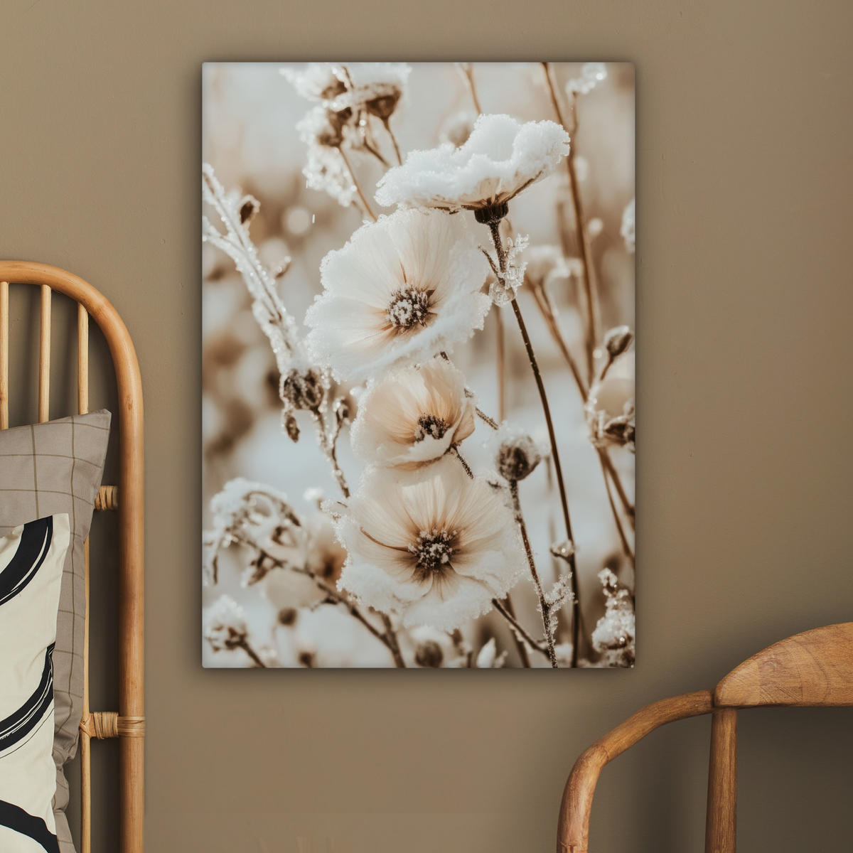 LEINWANDBILD Blumen - Winter - Weiß - Schnee - Beige 60x80 cm - Creme, Textil (60/80cm) - MuchoWow