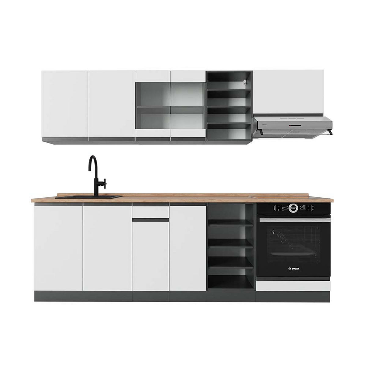KÜCHENZEILE R-Line Weiß/Anthrazit 240 cm, AP Eiche - Anthrazit/Weiß, Holzwerkstoff (240/81.6/60cm) - Vicco