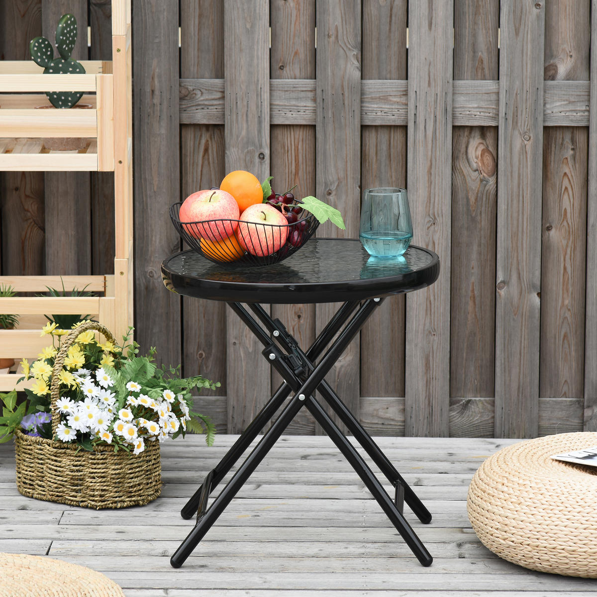 GARTENTISCH, Schwarz, Metall, Glass - Schwarz, Glas/Metall (45/45/50cm) - Outsunny