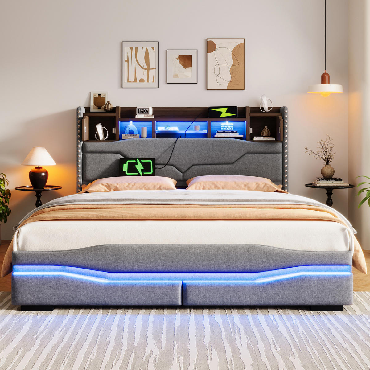 POLSTERBETT 160/200 cm aus Leinen mit LED-Beleuchtung, Grau - Grau, Textil (160/200cm) - OKMYHOME