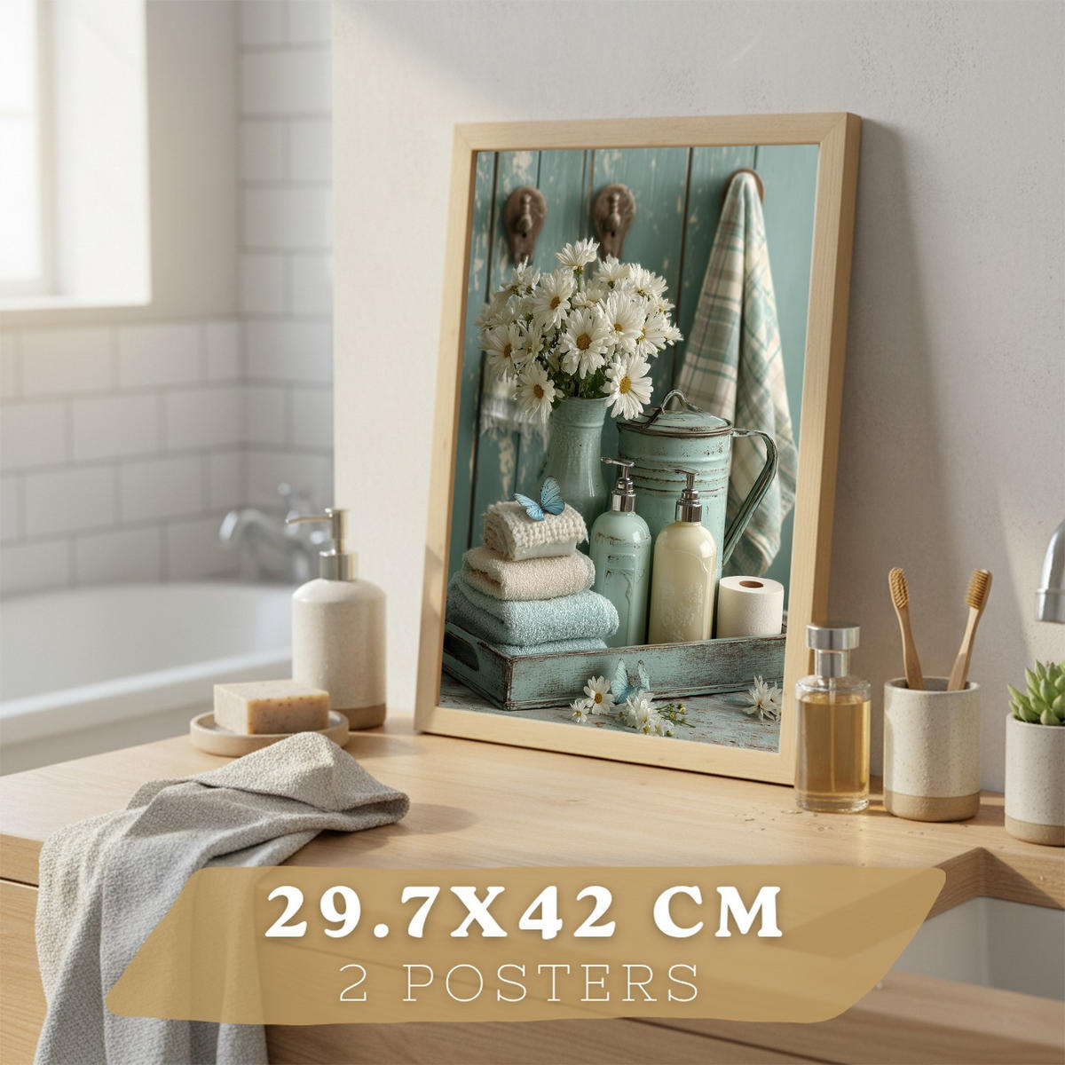 PLAKÁT Sada 2 dekorativních koupelnových tisků, květinové v shabby chic Světlý dřevěný rám A3 - béžová, papír (42/29.7/3cm) - Nacnic