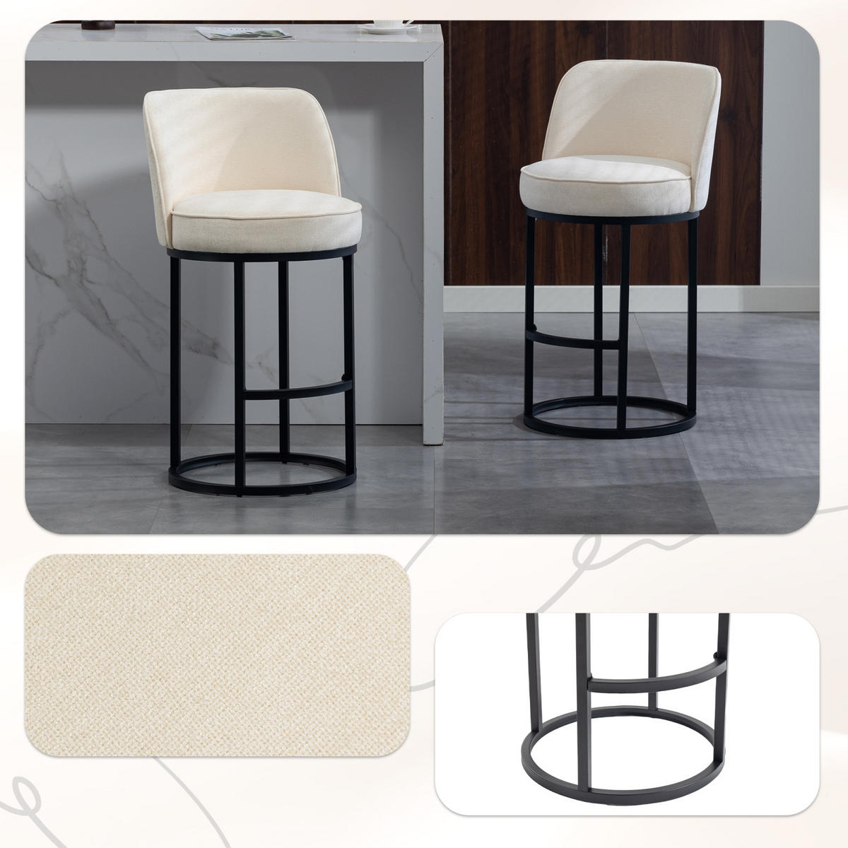BARHOCKER 2er Set Beige, gepolstert mit Rücken- & Armlehne, Küche - Beige, Metall (46/88/49cm) - PARAFTA HOME