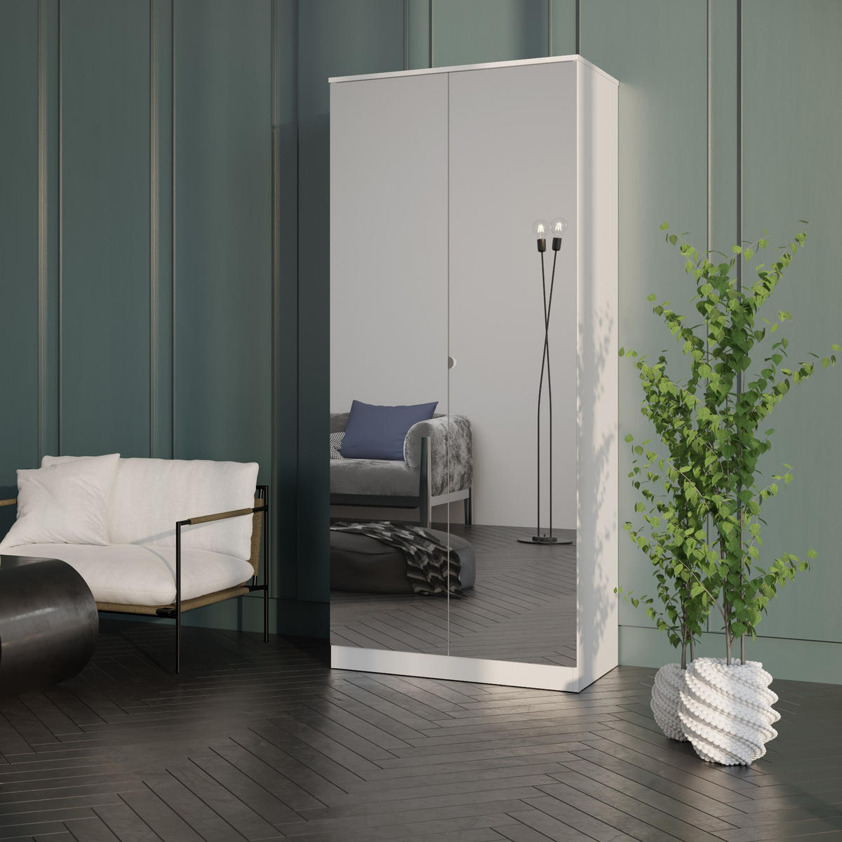 DREHTÜRENSCHRANK mit Spiegel Monza 2D 80 Weiß - Weiß/Grau, Holzwerkstoff/Metall (80/200/60cm) - mzm24