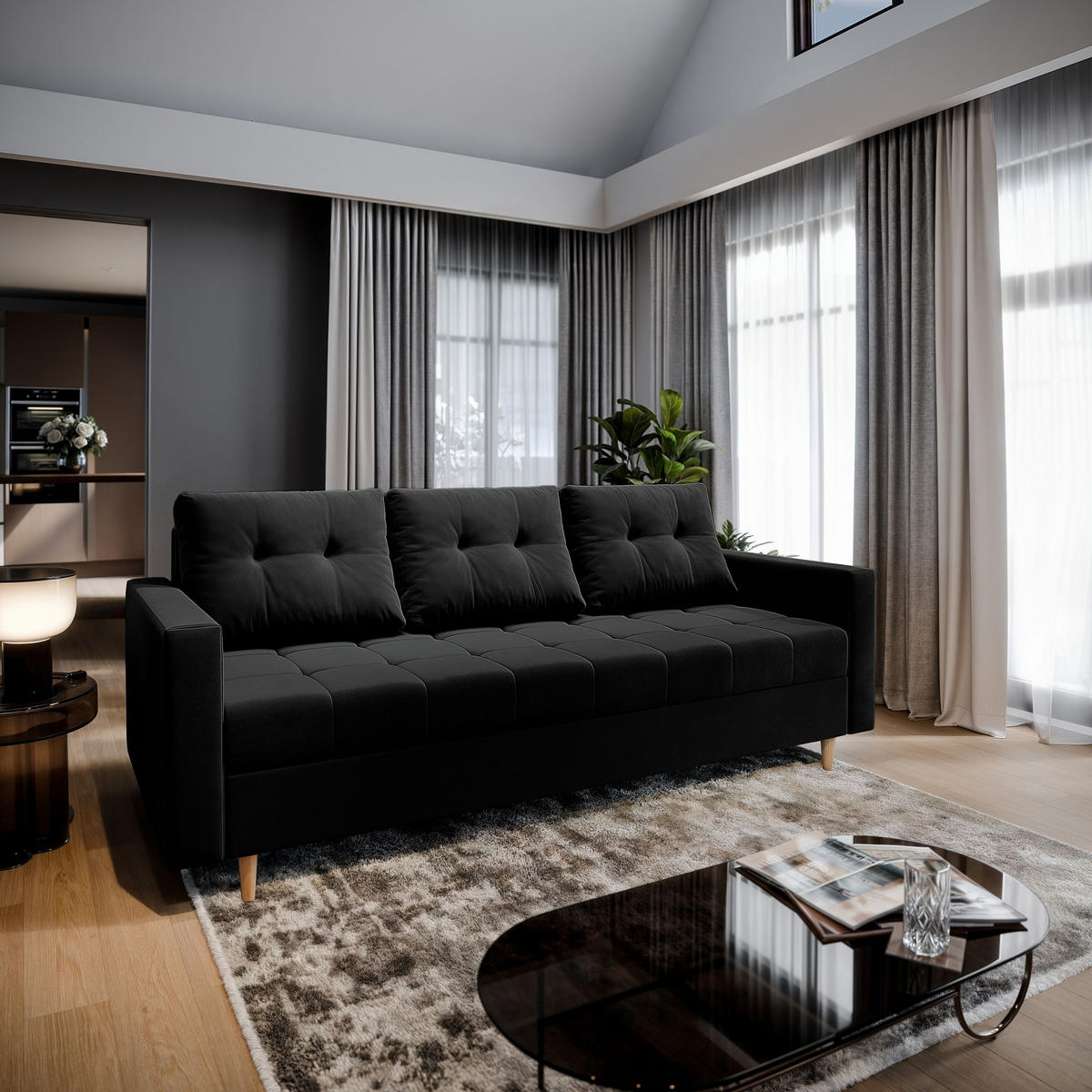 BETTSOFA MILO Schwarz Plüsch-Stoff mit Schlaffunktion - Schwarz, Textil (220/93/87cm) - MASSENO