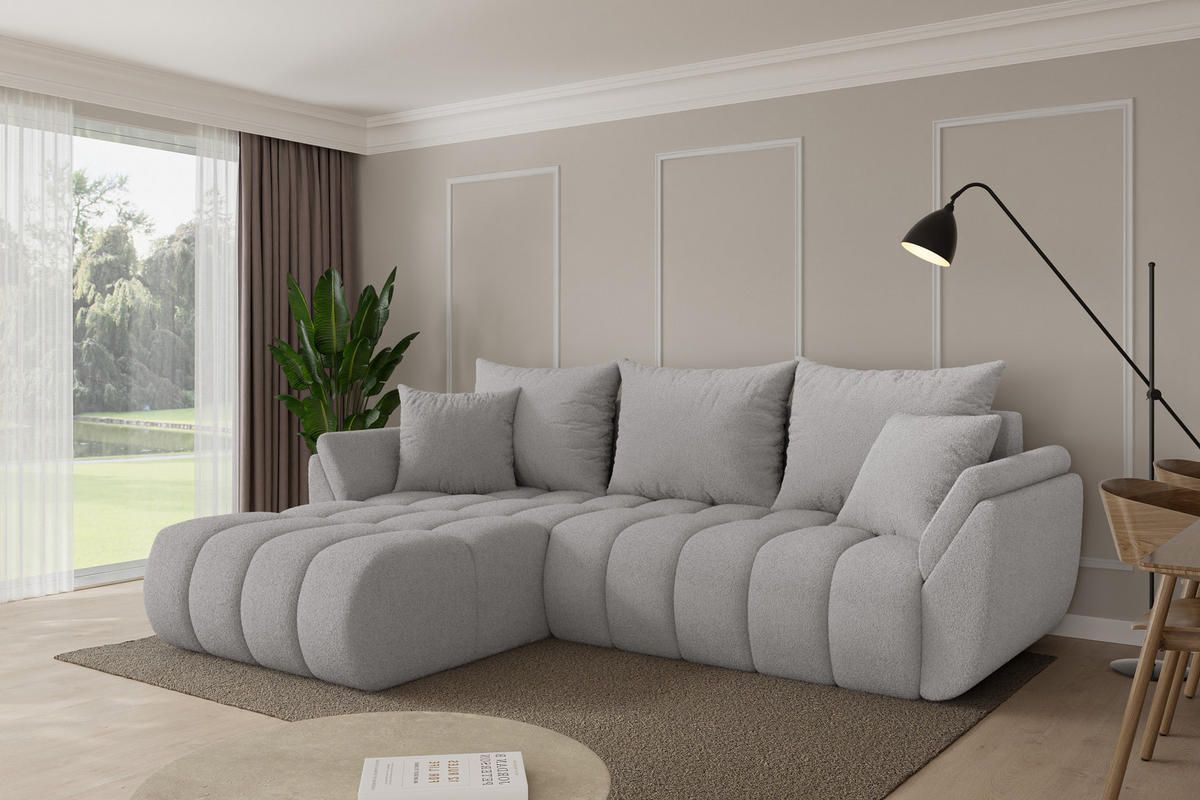 ROHOVÁ SEDAČKA s funkcí spaní, otoman vlevo TOKO-L-v1 277x194x86 světle šedá bouclé - černá/stříbrná, kompozitní dřevo/textil (277/194cm) - ALTDECOR