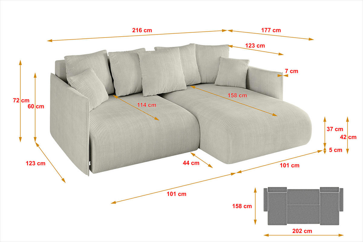 ECKSOFA Ottomane rechts ONESK-L 216x177x72 Hellgrau Cord - Ecru/Hellgrau, Holzwerkstoff/Kunststoff (177/216cm) - ALTDECOR