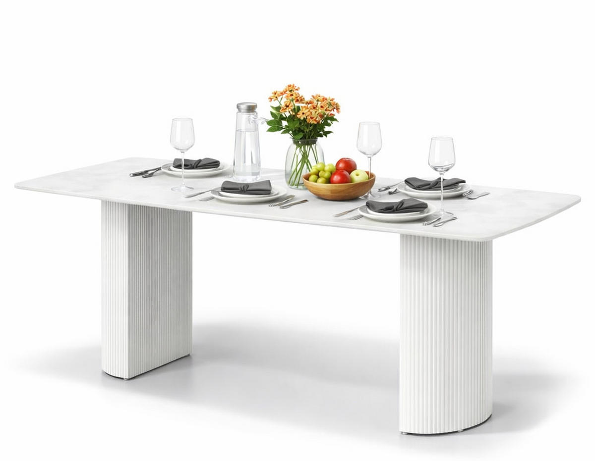 ESSTISCH Keramik Marmor-Optik geriffeltes Säulengestell Weiß 180 × 90 cm - Weiß, Keramik/Metall (90/180/75cm) - HOOZ