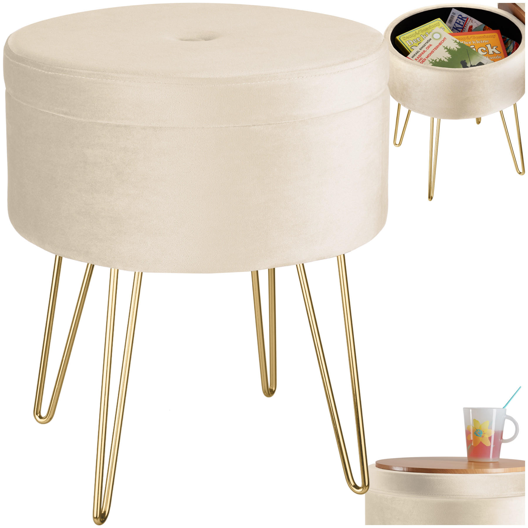 SITZHOCKER mit Stauraum Ava,37,5 x 44,5 cm,creme - Creme, Holz (37.5/44.5/37.5cm) - tectake