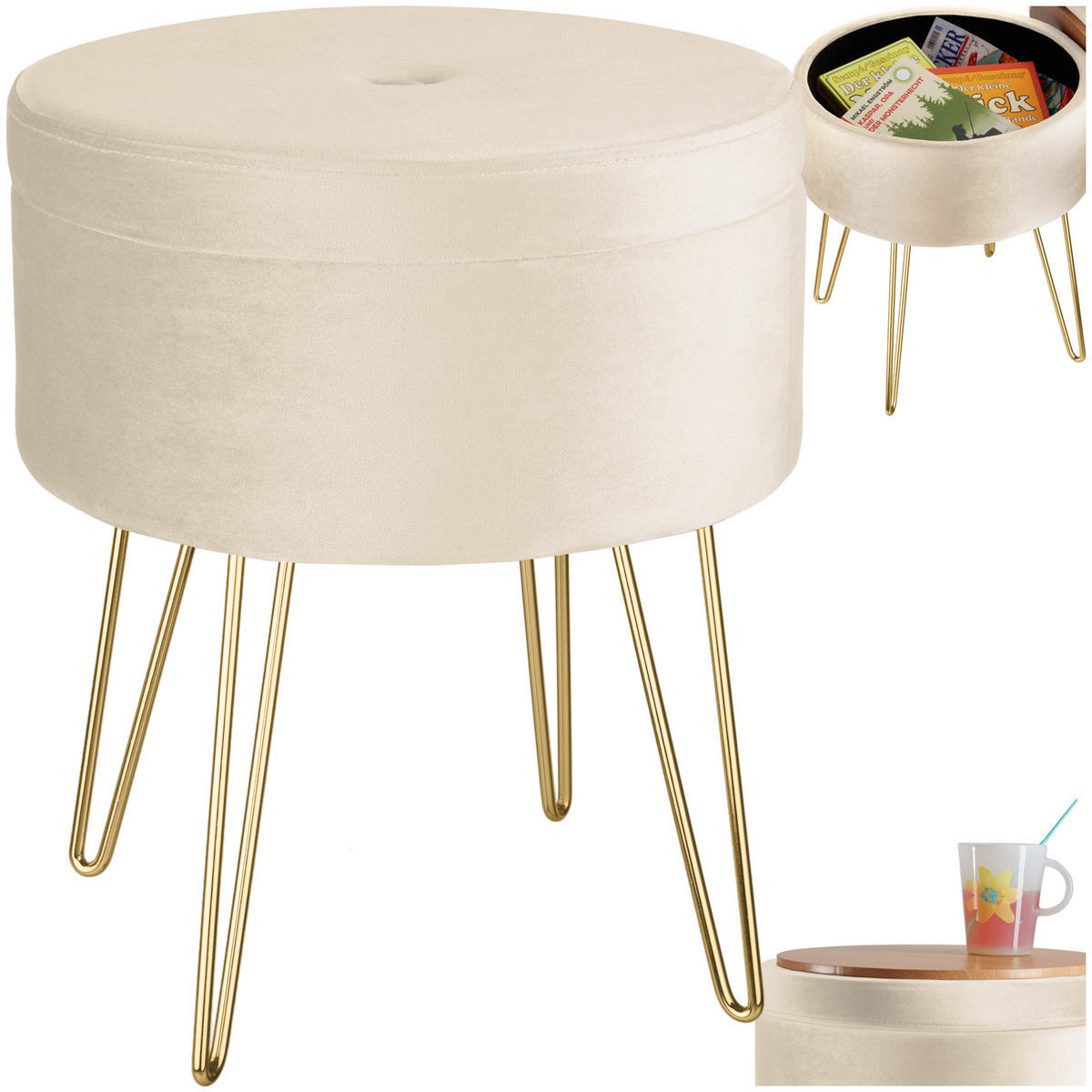 SITZHOCKER mit Stauraum Ava,37,5 x 44,5 cm,creme - Creme, Holz (37.5/44.5/37.5cm) - tectake