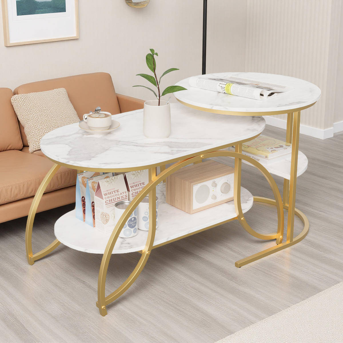 COUCHTISCH-SET platzsparend 2er Set Marmoroptik - Goldfarben, Metall (80/46/51cm) - SHOPENTRA