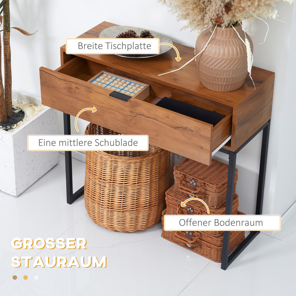 KONSOLENTISCH mit Schrank, Sofatisch Flurtisch im Industriedesign für Eingang - Naturfarben, Kunststoff/Metall (80/30/76cm) - HOMCOM