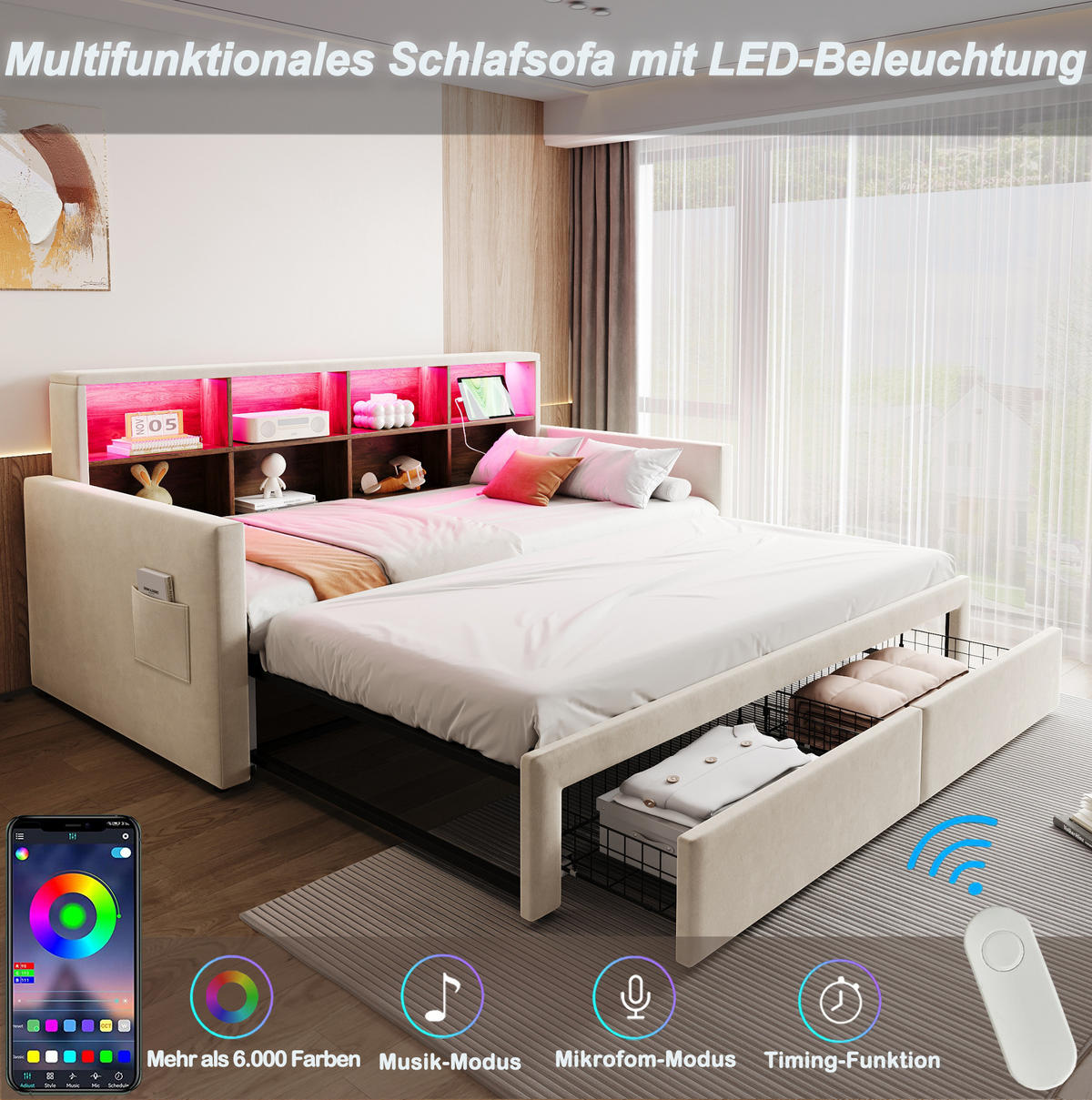 POLSTERBETT 90/190 cm Beige aus Samt mit Stauraum und LED-Beleuchtung - Beige, Textil (90/190cm) - OKWISH