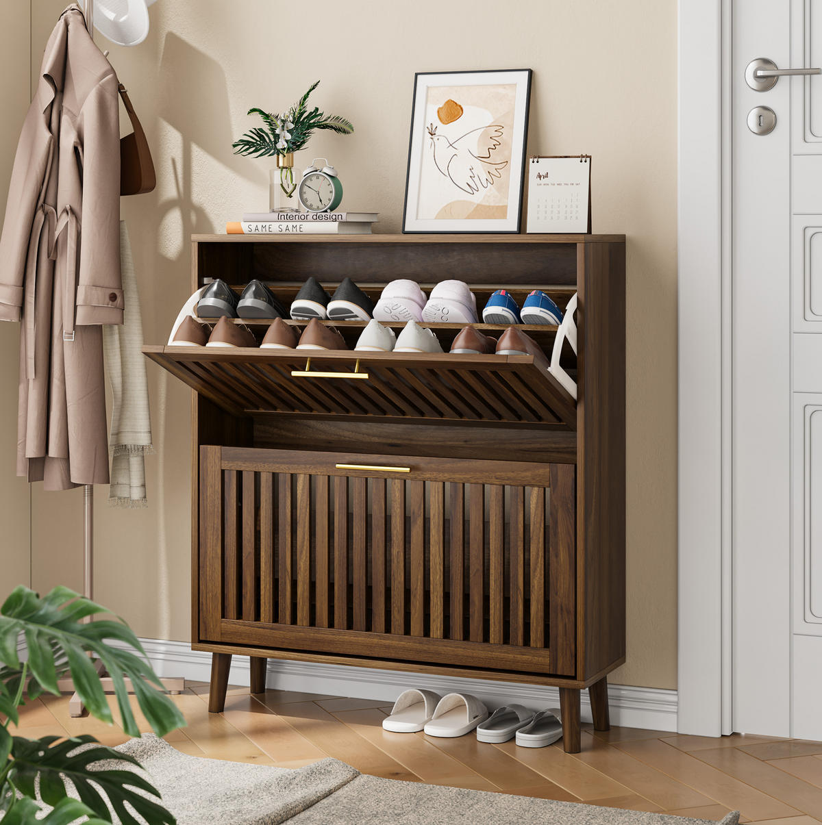 SCHUHSCHRANK 80/24/93 cm walnussfarben aus MDF mit Klappen - Walnussfarben, Holzwerkstoff (24/93/80cm) - OKWISH