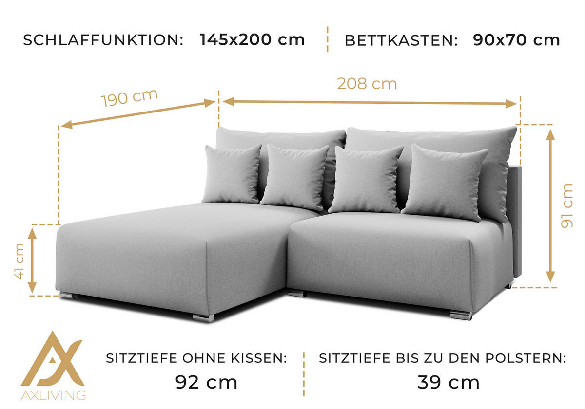 ECKSOFA L Form Ederra Beige Stoff 208/190/91 cm – großes Sofa mit Schlaffunktion L - Beige/Silberfarben, Textil/Metall (190/208cm) - AX Living