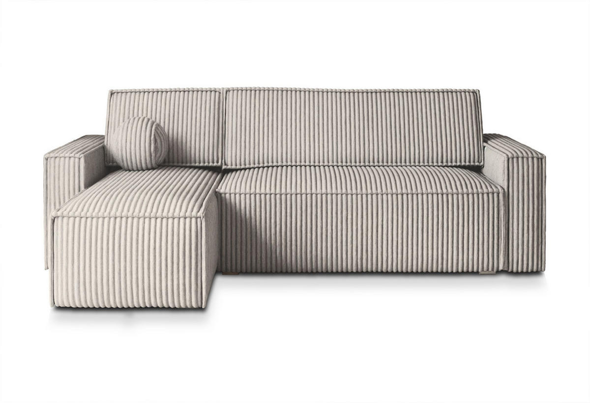 ECKSOFA RAVELO T Hellgrau Kordstoff mit Schlaffunktion - Hellgrau, Holz (240/140cm) - MASSENO