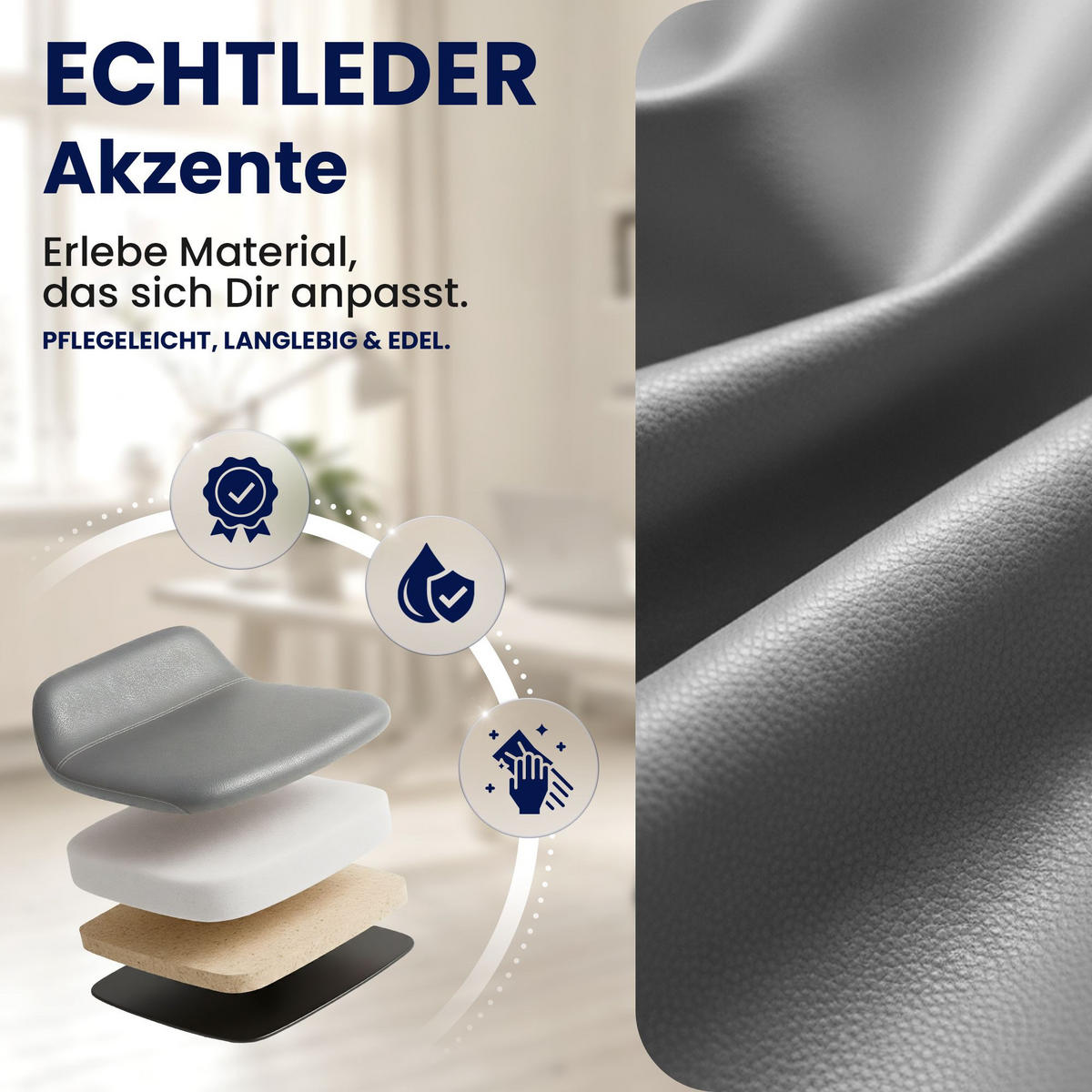 CHEFSESSEL Echtleder Grau - Chromfarben/Grau, Leder/Metall (78/114/66cm) - CLP