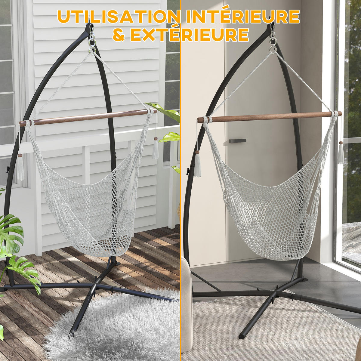 HÄNGESESSELGESTELL DE-15252 höhenverstellbar mit Fußstütze Schwarz - Schwarz, Metall (110/110/215cm) - ComfortXL