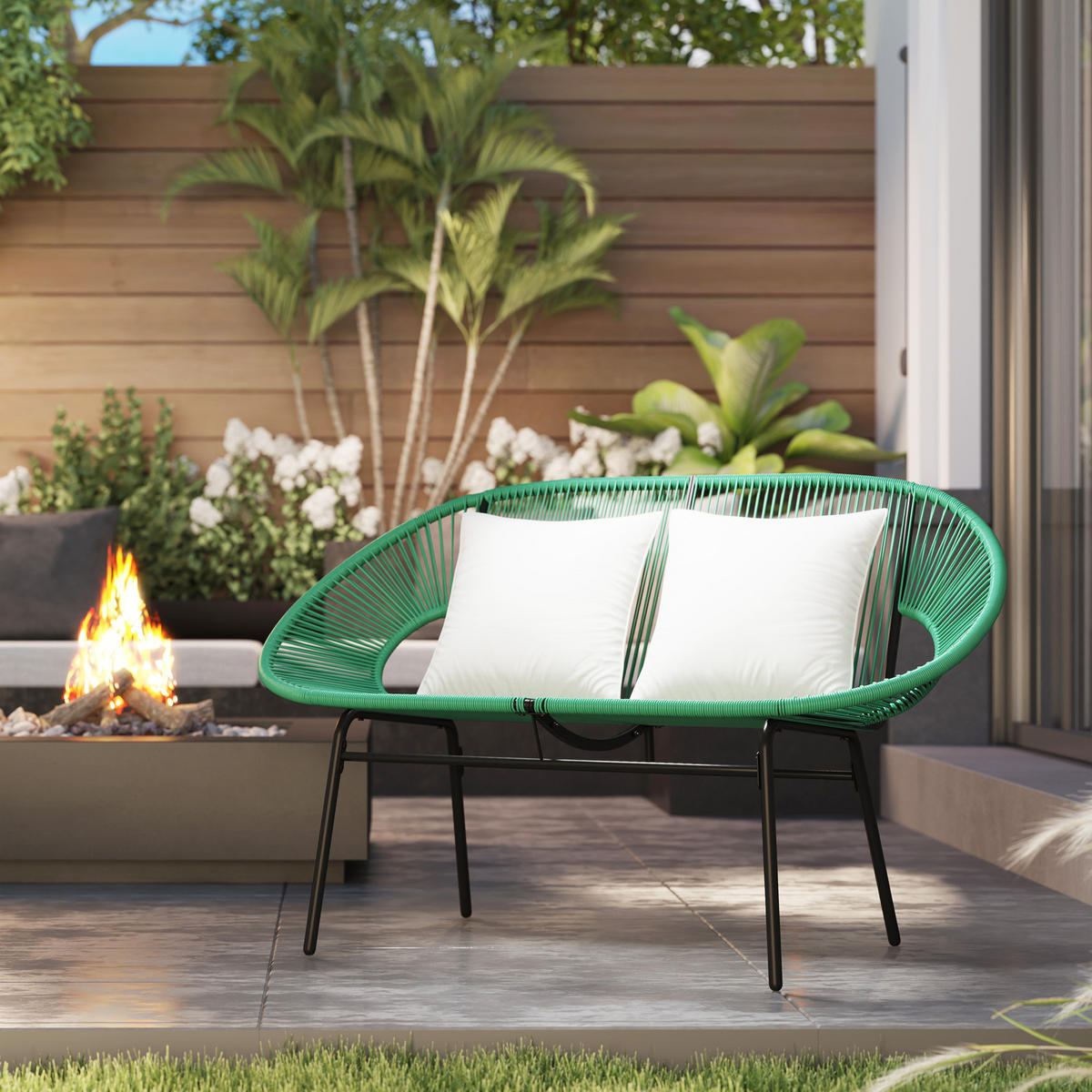 GARTENBANK 2-Sitzer DE-13604 2-Sitzer mit Seilgeflecht, 2 Kissen Dunkelgrün - Dunkelgrün, Metall (132/83/72cm) - ComfortXL