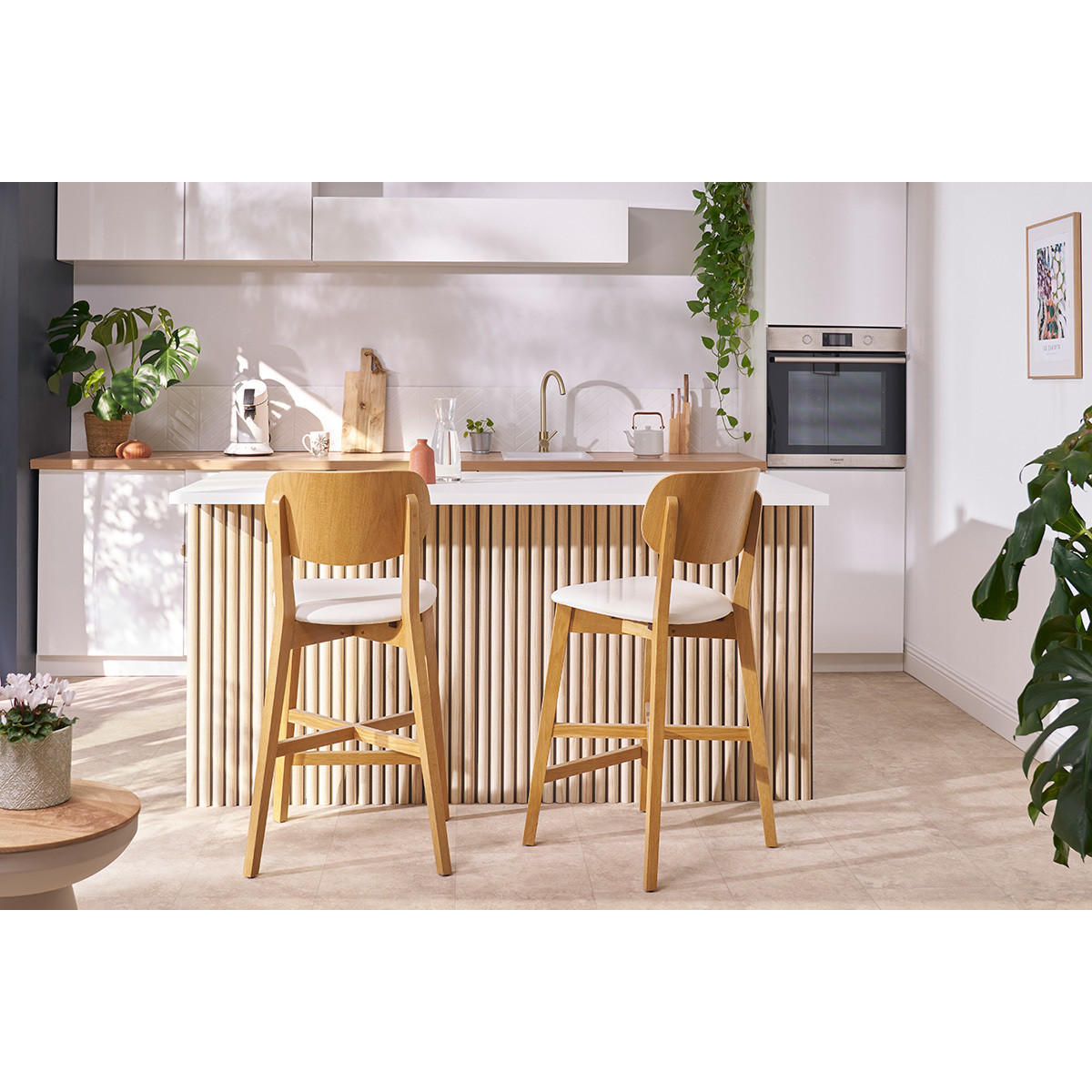BARHOCKER Helles Eichenholz Samteffekt Stoff Terracotta H65 cm LUCIA - Terracotta, Holz (54/102/43cm) - Miliboo