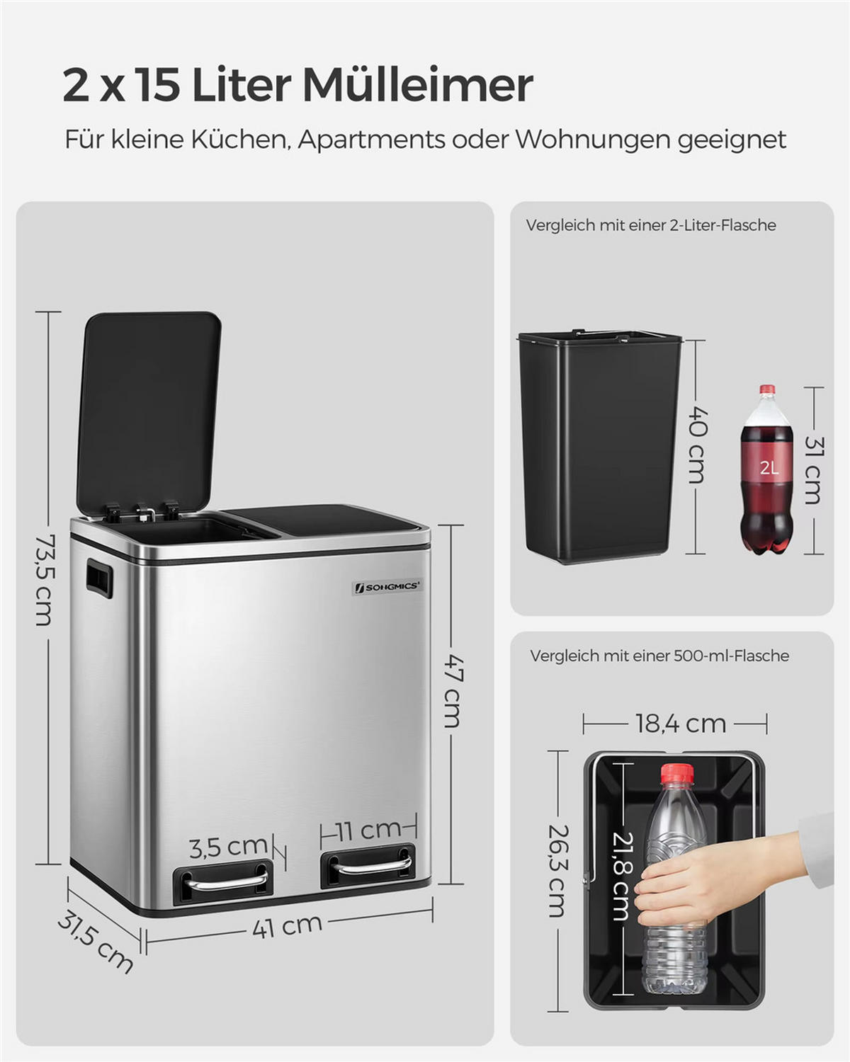MÜLLEIMER 30 L Mülltrennsystem Treteimer Edelstahl - Silberfarben, Metall (41/47/31.5cm) - Kaket