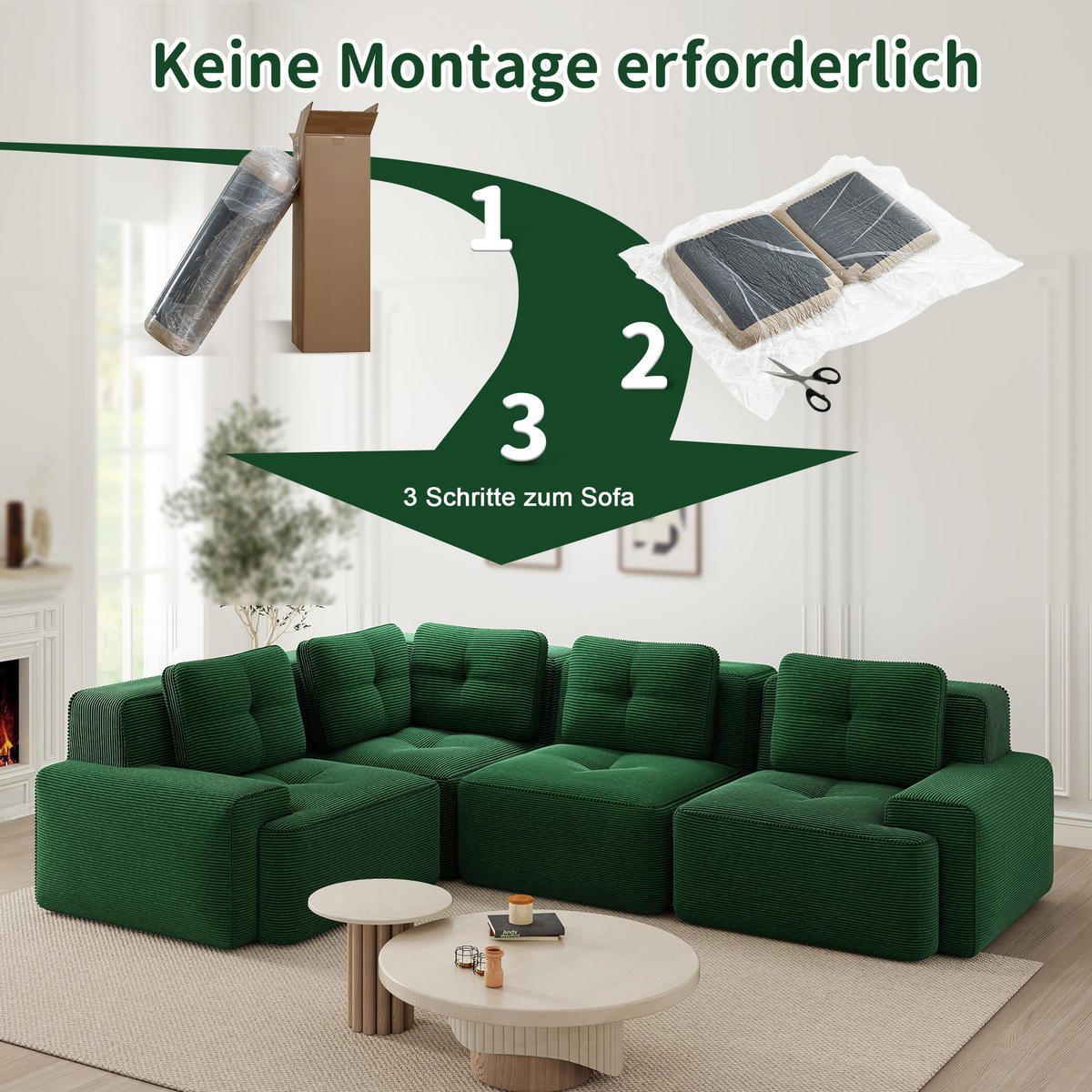 ECKSOFA mit tiefer Sitzfläche und modularer Gestaltung aus Cord - Grün, Textil (382/104cm) - EVRYAE