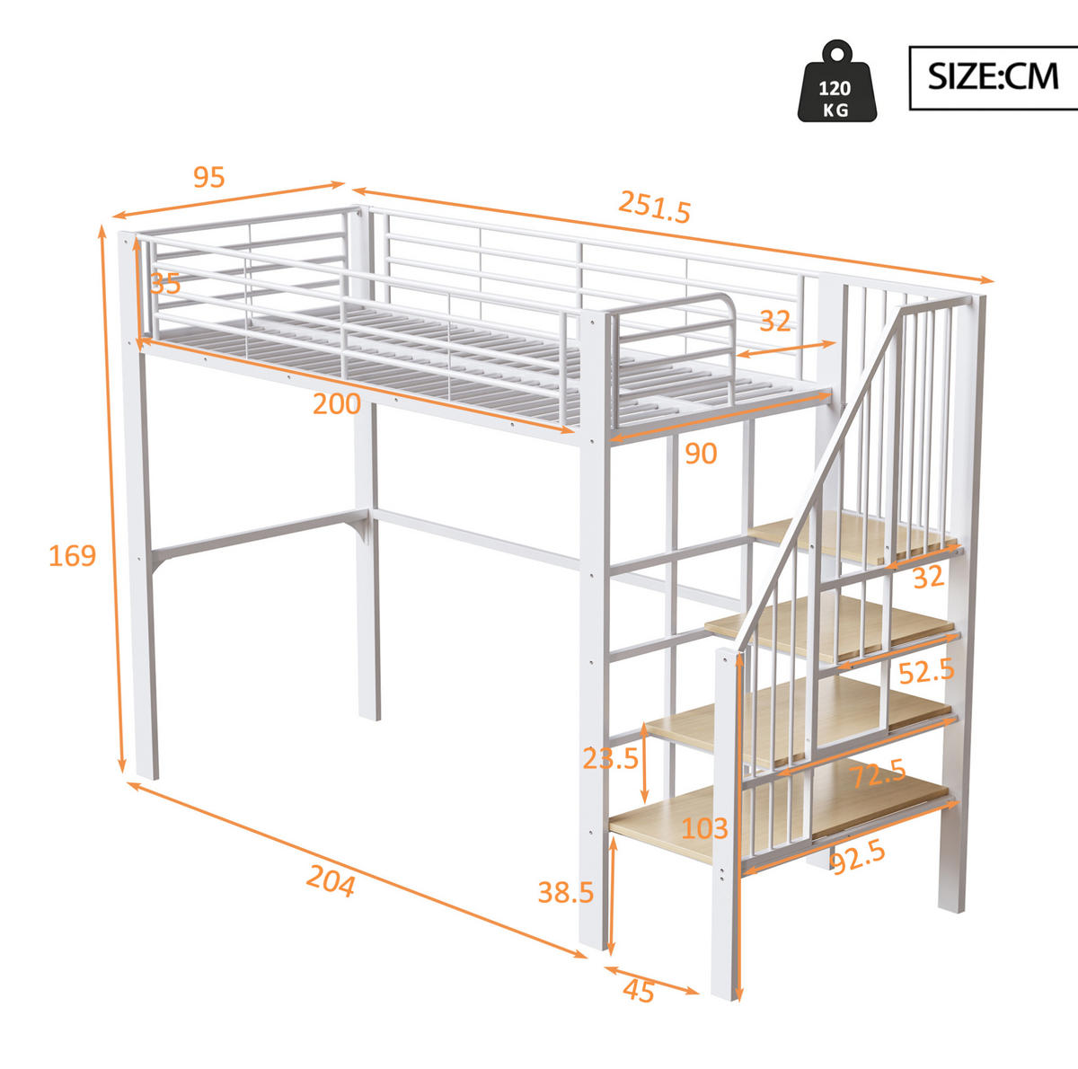 HOCHBETT 90/200 cm Weiß aus Metall und Holz mit Treppe - Weiß, Metall (90/200cm) - OKMYHOME