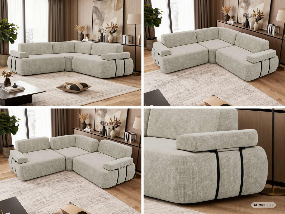 ECKSOFA MIREO L - Creme Schenille grob gewebt - Creme/Schwarz, Kunststoff/Textil (257/257cm) - MKS