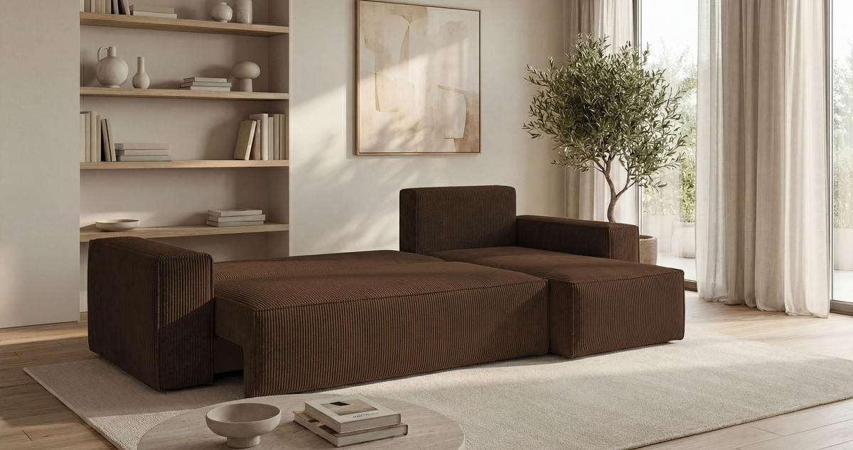 ROHOVÁ pohovka CALIFORNIA MINI pravá hnedá menčester Poso 6 - funkcia spania, úložný priestor - hnedá, textil (245/139cm) - Cornero