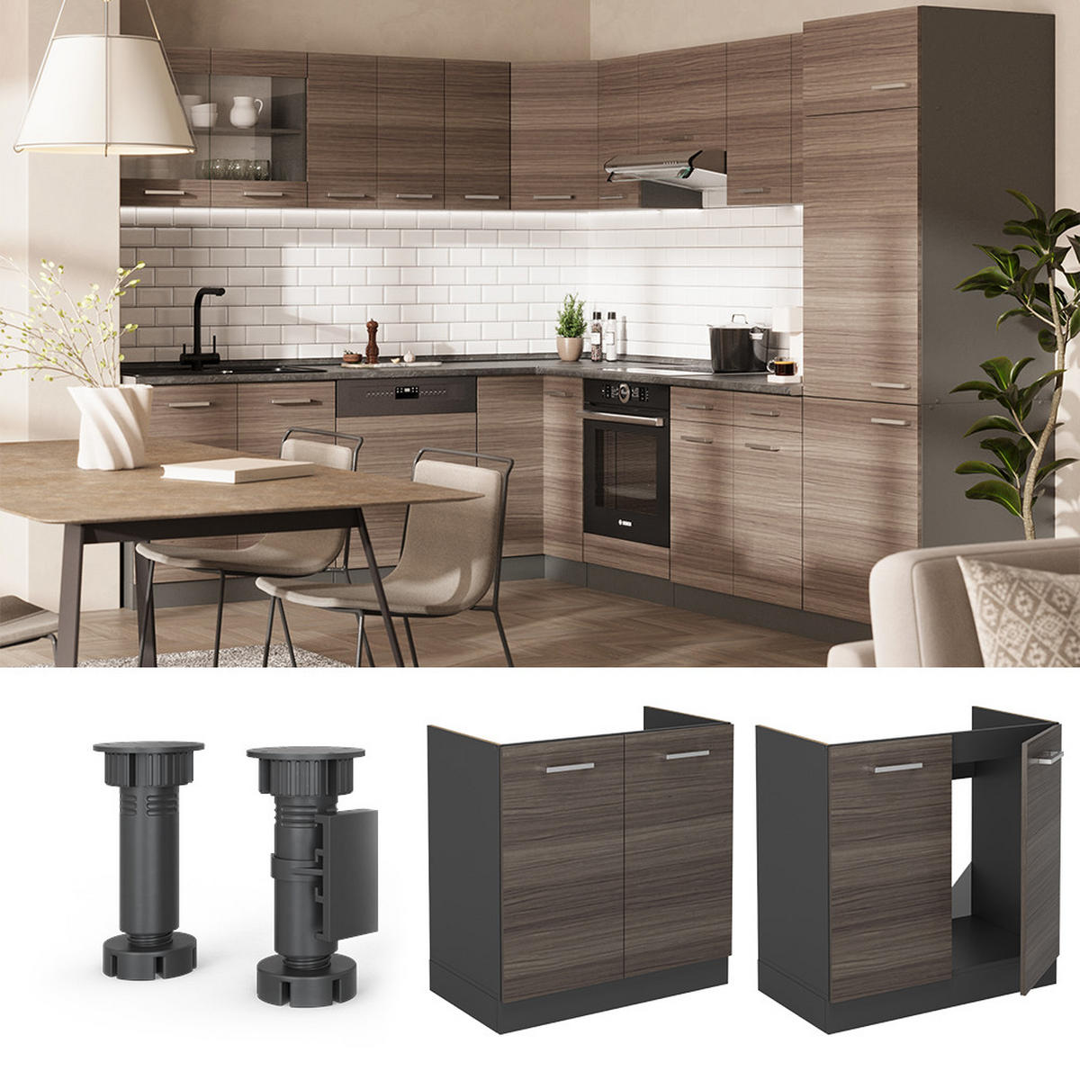 SPÜLENUNTERSCHRANK R-Line Edelgrau 80 cm , AP Eiche - Anthrazit/Braun, Holzwerkstoff (80/81.6/60cm) - Vicco