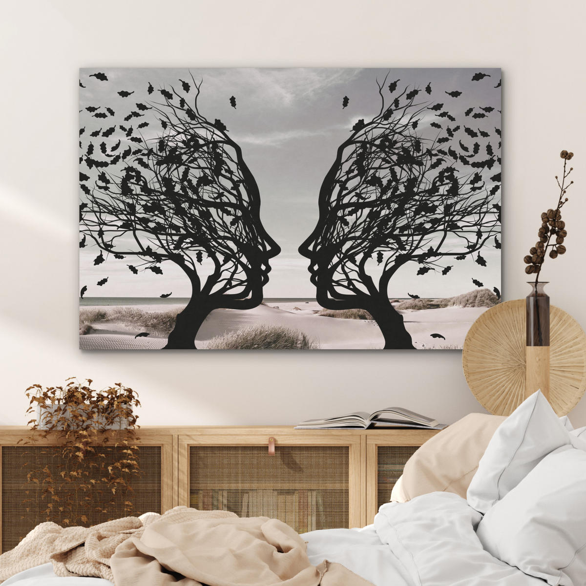 AKUSTIKPANEEL Strand - Meer - Menschen - Baum - Moderne Kunst 100x70 cm - Hellgrau, Textil (100/0.9/70cm) - MuchoWow