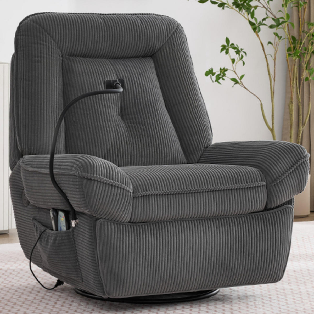 MASSAGESESSEL Relaxsessel 92x91x104 mit Dreh- und Schaukelfunktion und Heizvibration, USB Anschluss, grau - Grau, Textil (91/104/92cm) - Luhomfu