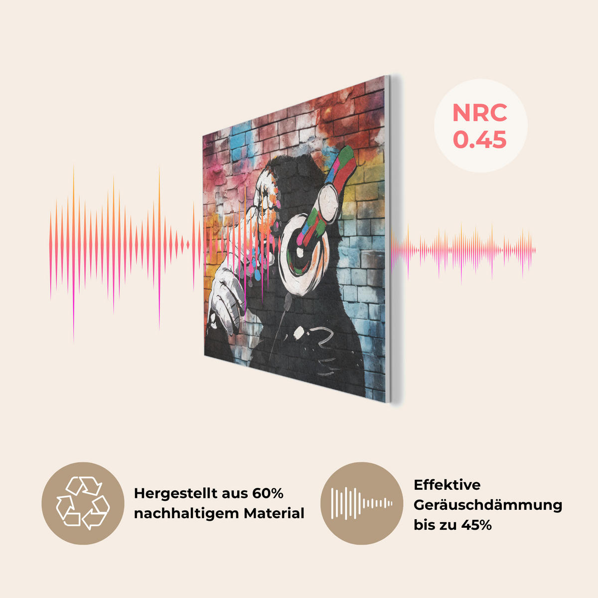 AKUSTIKPANEEL Affe - Graffiti - Musik 100x70 cm - Multicolor, Textil (100/0.9/70cm) - MuchoWow