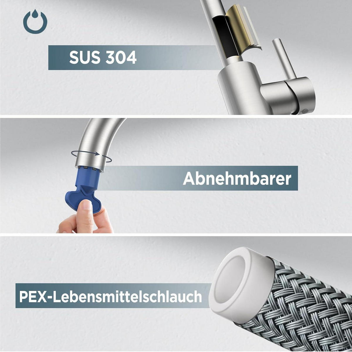 KÜCHENARMATUR Edelstahl 360° drehbar mit ausziehbarem Hahn - Silberfarben, Metall (18/22.5/22cm)