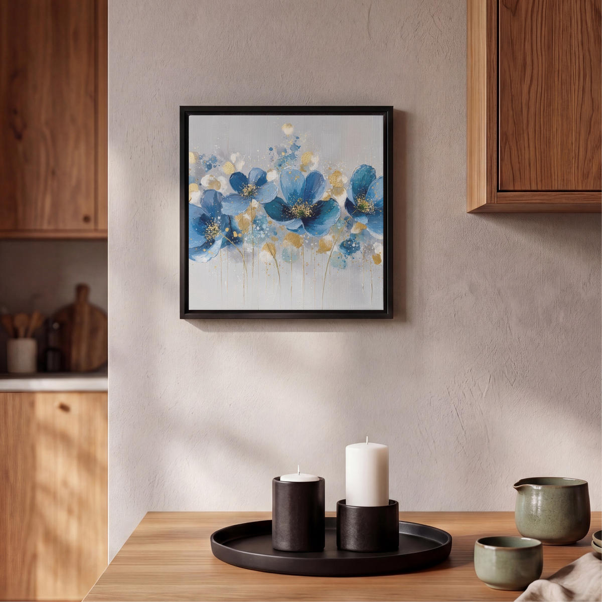 LEINWAND Bilder mit Rahmen - Blumen - Blau - Abstrakt - 20x20 - Hellgrau, Textil (20/20cm) - MuchoWow