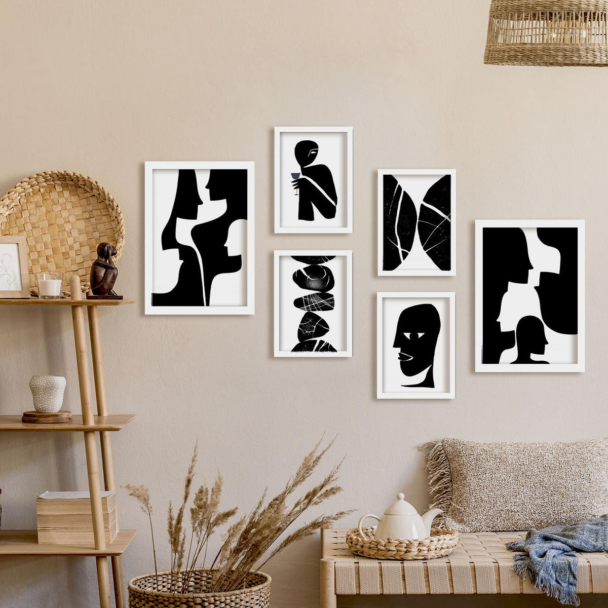 POSTER Set Mit 6 Atavistischer Kopf In Liebhaber Abstrakt Ästhetische Dekorative Gemälde Für Ihr Wohnzimmer Schlafzimmer Zuhause A3 & A4 Weißer Rahmen - Weiß, Papier (29/3cm) - Nacnic