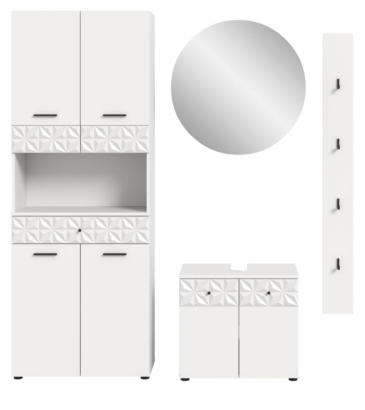 BADMÖBEL-SET weiß Hochglanz 4-teilig 186 cm, Komplettset mit 3D-Struktur - Weiß Hochglanz, Glas/Holzwerkstoff (186/187/37cm) - Inn.Furn