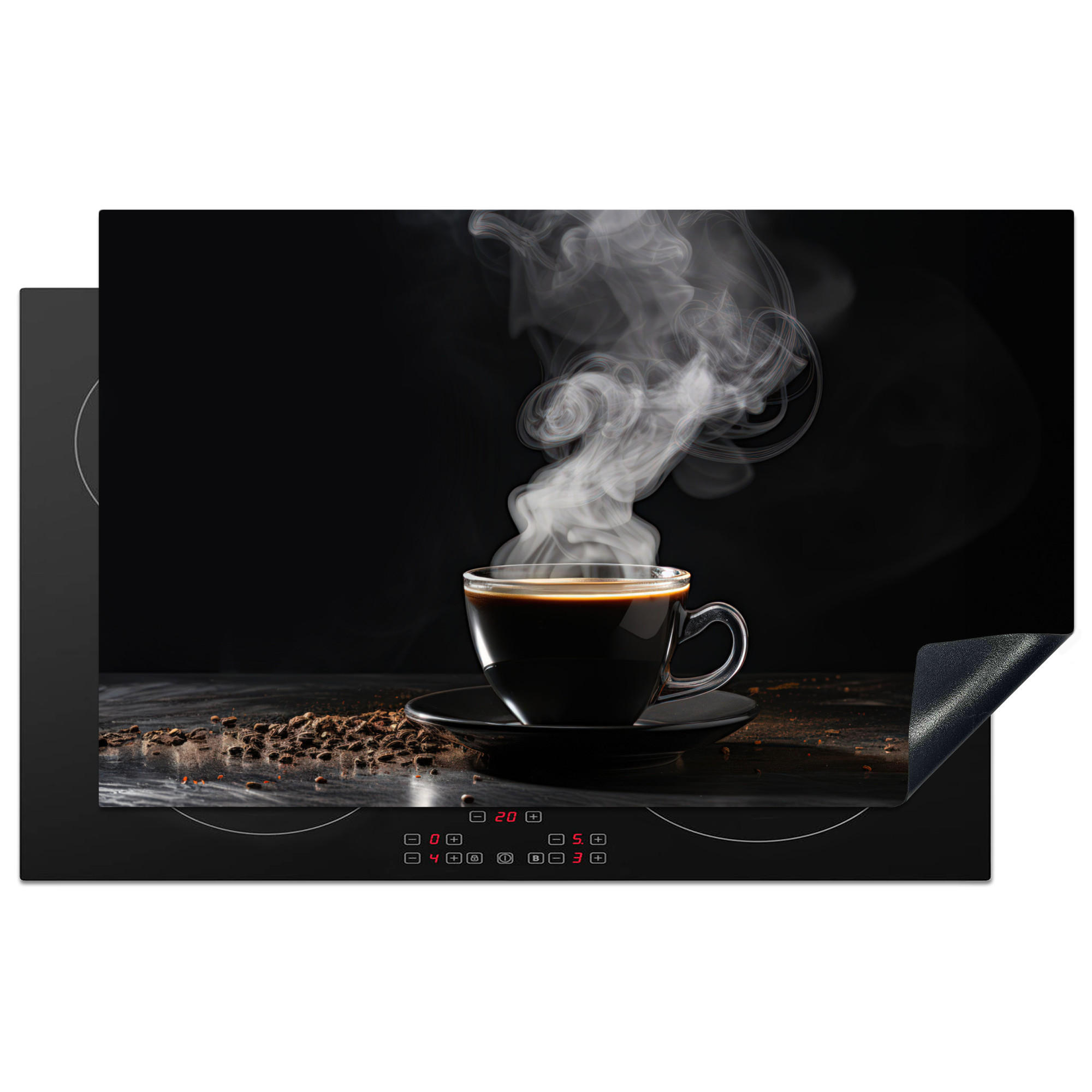 HERDABDECKPLATTE Kaffee - Schwarz - Bohnen - Heiß - Tasse Induktionsmatte 83x51 cm - Schwarz, Kunststoff (83/51.5/0.2cm) - MuchoWow