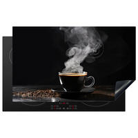 HERDABDECKPLATTE Kaffee - Schwarz - Bohnen - Heiß - Tasse Ceranfeldabdeckung 85x52 cm - Schwarz, Kunststoff (85/52/0.2cm) - MuchoWow