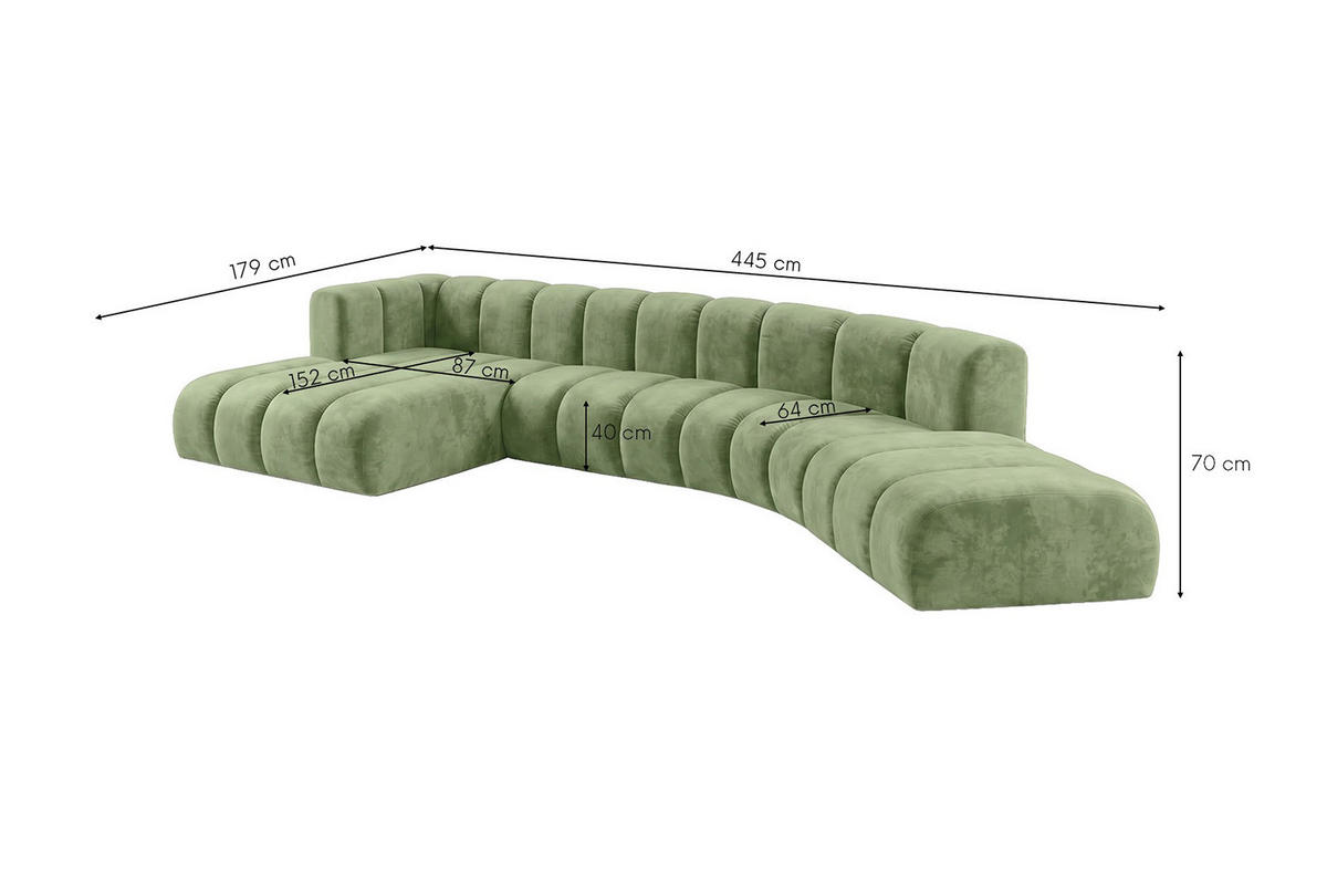 ECKSOFA Modulares In L-Form, Velvet-Stoff Riviera, Olive, Links, GRAND Round - Olivgrün, Holz (445/179cm) - Kaiser Möbel