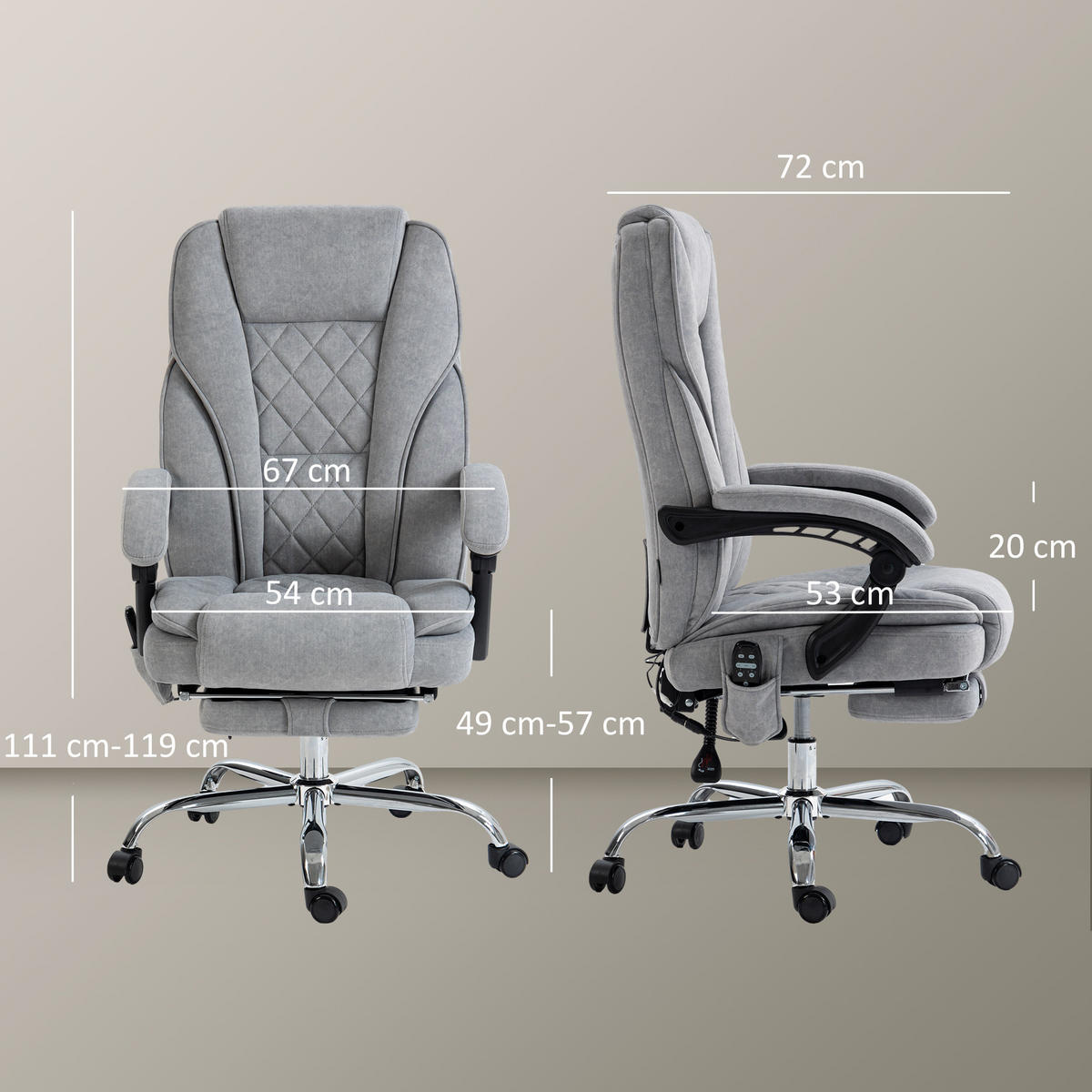 BÜROSTUHL mit Massagefunktion, Grau - Grau, Metall (67/119/72cm) - HOMCOM