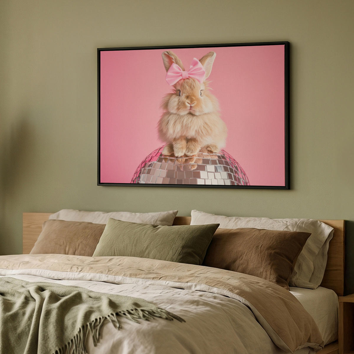 LEINWAND Bilder mit Rahmen - Schleife - Discoball - Kaninchen - 100x70 - Pink, Textil (100/70cm) - MuchoWow