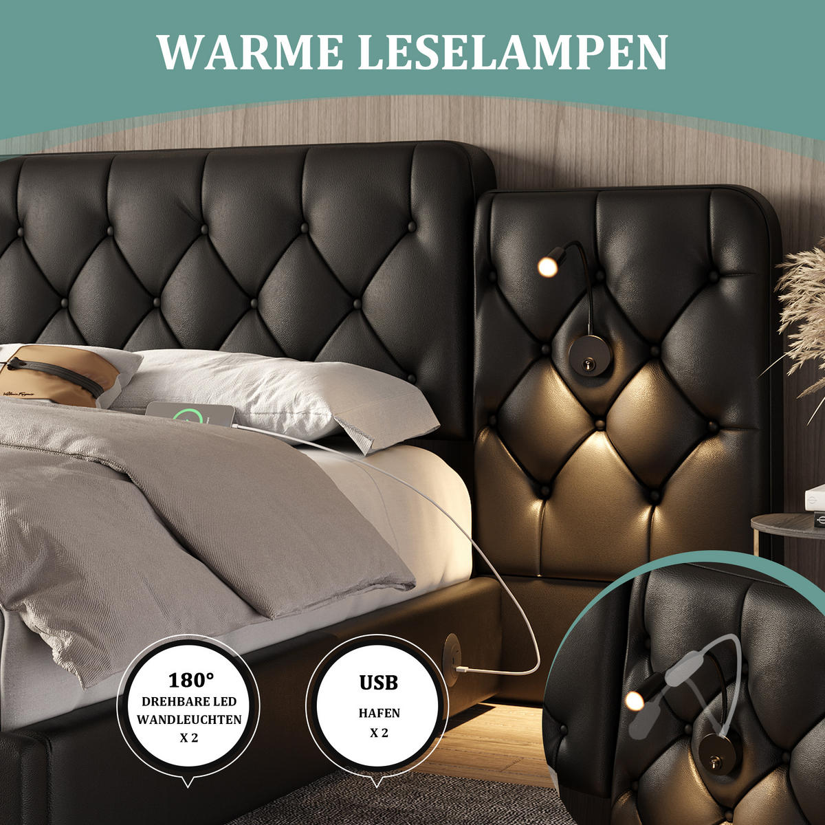 POLSTERBETT 180x200 cm USB Stauraum schwarz - Schwarz, Kunststoff (180/200cm) - LEBENLANG