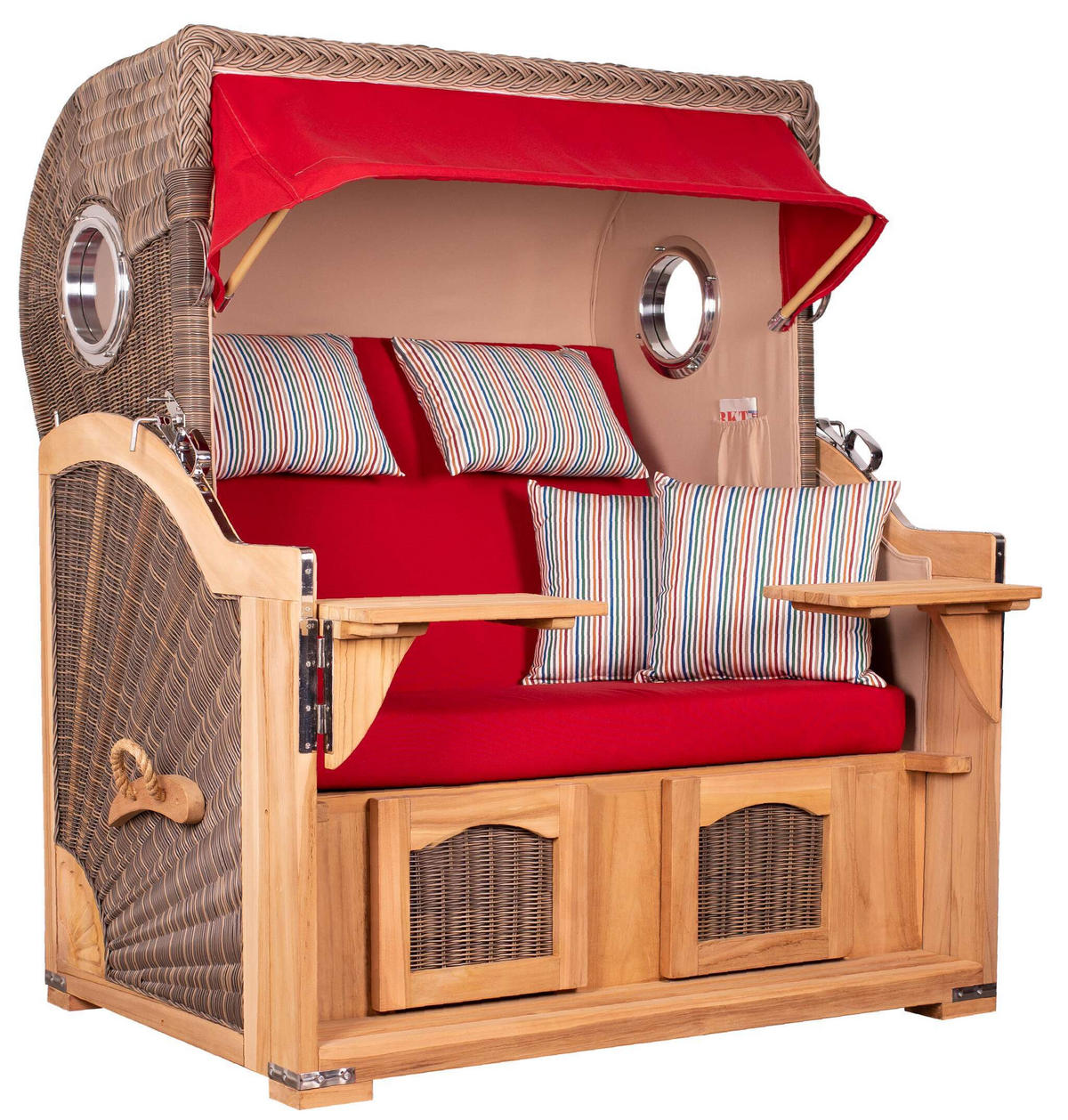 STRANDKORB Düne Grande Bullauge Teak PE Grey Dessin 585 - Rot/Braun, Metall (142/170/95cm) - Mr. Deko