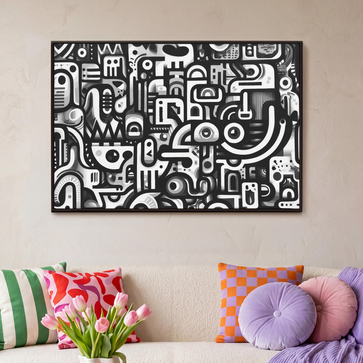 LEINWAND Bilder mit Rahmen - Symbole - Abstrakt - Grafik - Schwarz - 90x60 - Schwarz, Textil (90/60cm) - MuchoWow