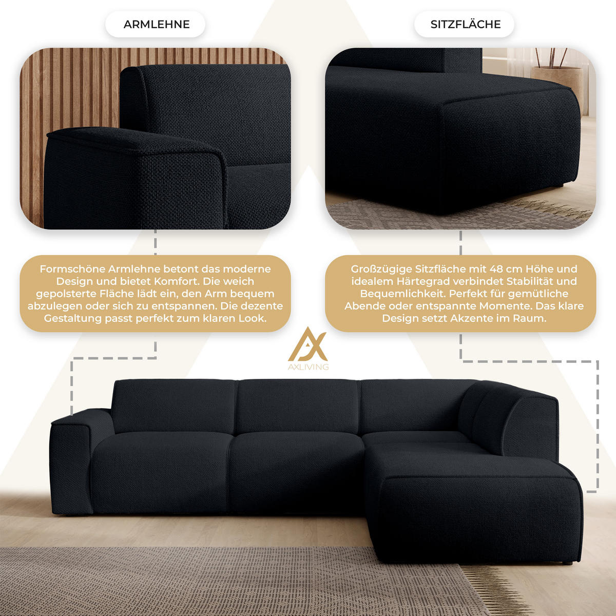 ECKSOFA L Form Didim Schwarz 292/220/78 cm – großes Sofa stilvoll & bequem R - Schwarz, Kunststoff/Textil (292/220cm) - AX Living