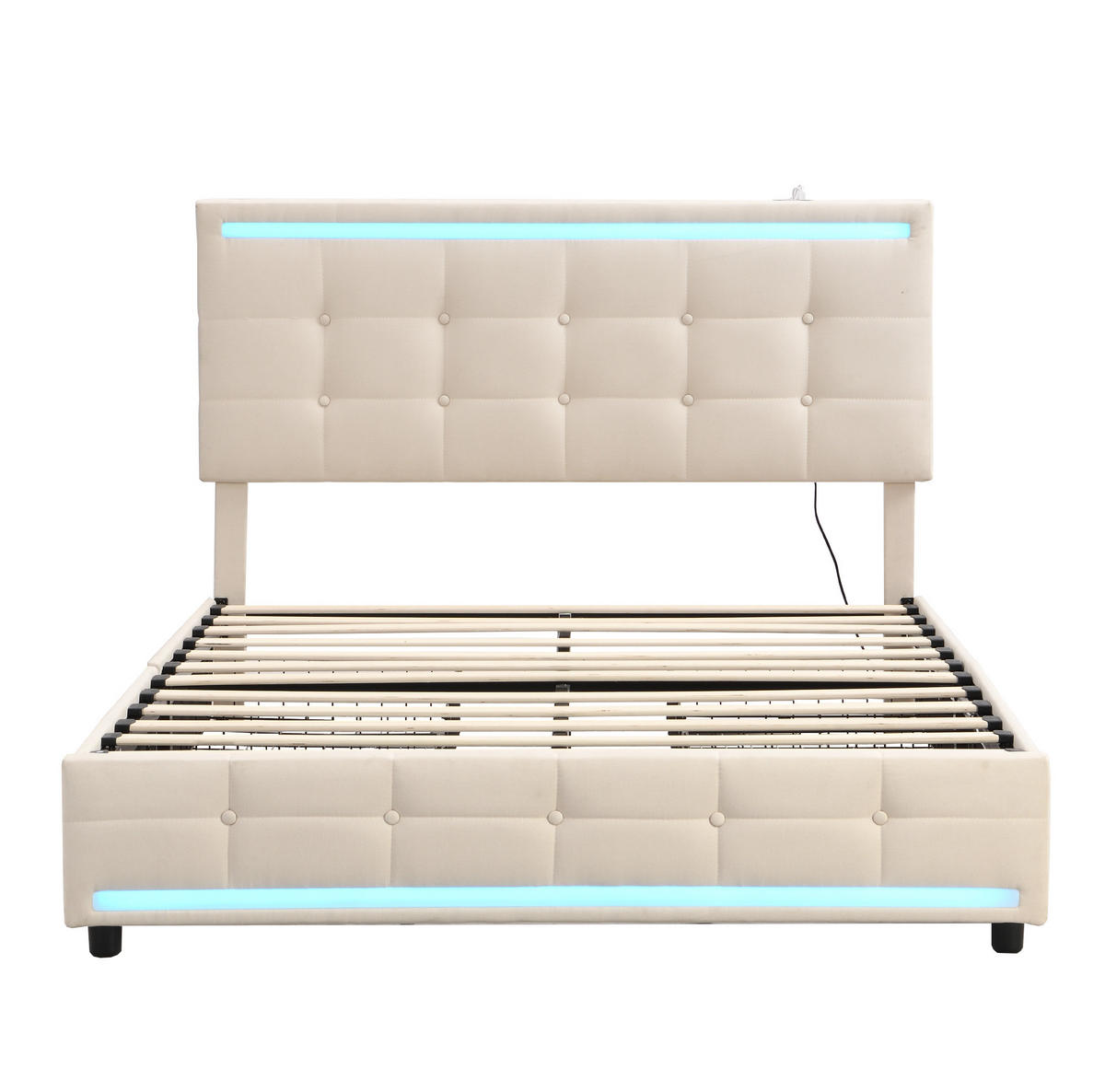 ČALÚNENÁ posteľ 140/200 cm béžová, čalúnená s LED osvetlením, 4 zásuvky a USB - béžová, textil (140/200cm) - BEAOK