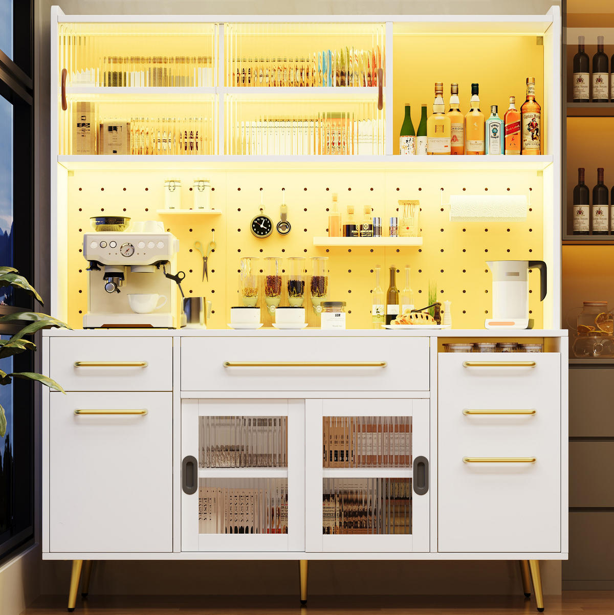 KREDENCA iz MDF in stekla, 145/39/171 cm bela z LED-osvetlitvijo - bela, leseni material (145/171/39cm) - Modenvie